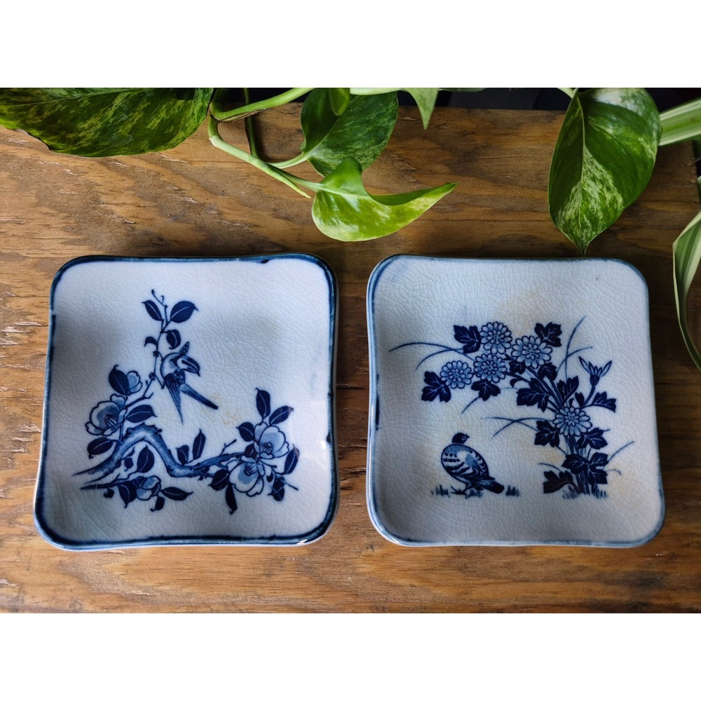 Vintage MC‎ Japan Blue White Bird Ring Trinket Dish Pair 4.5" Porcelain Japan
